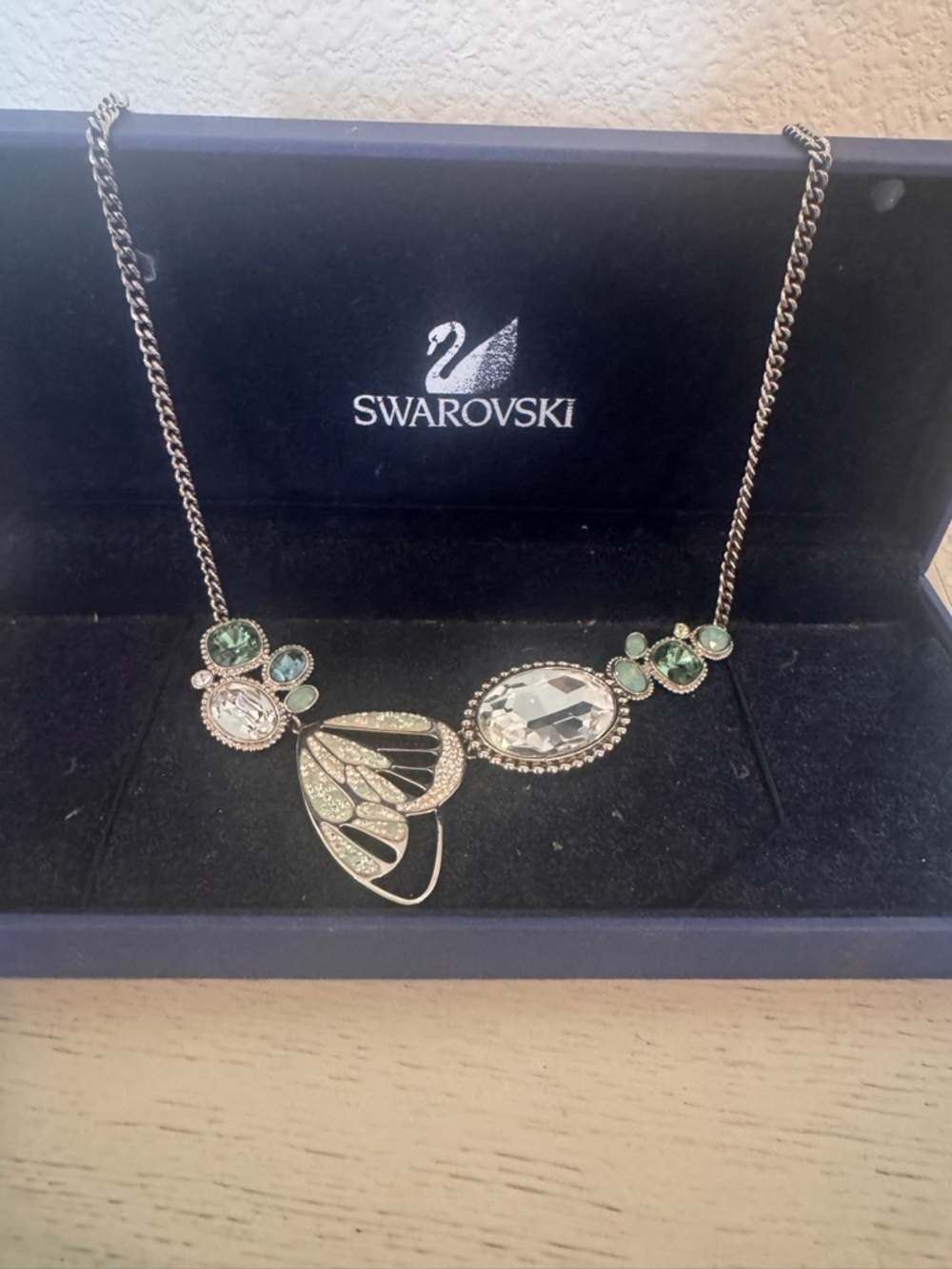 Swarovski Silver Necklace with Green and Clear Crystals Butterfly Meadow Limited
